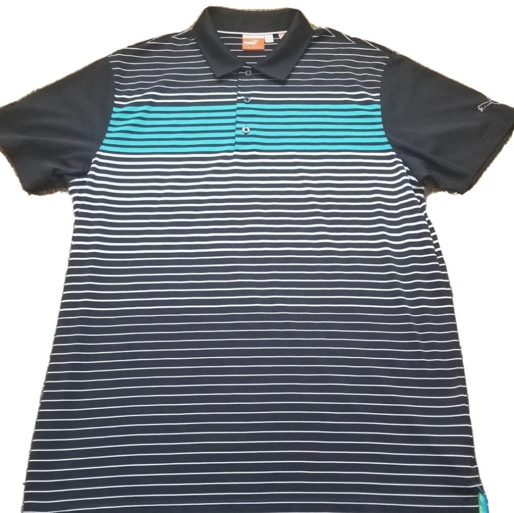 Puma Golf Polo Shirt Mens Large Sport Lifestyle Blue Striped White Blue Black.